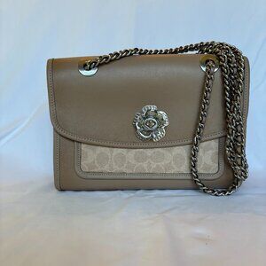 NEW! Coach Leather Foldover Flower Signature Tan
